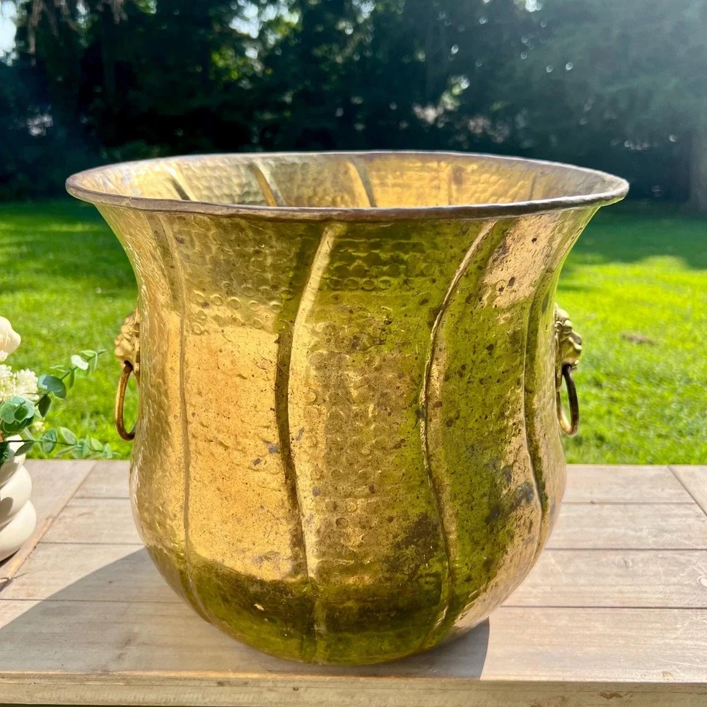 Large Vintage Brass Double Lion Head Planter